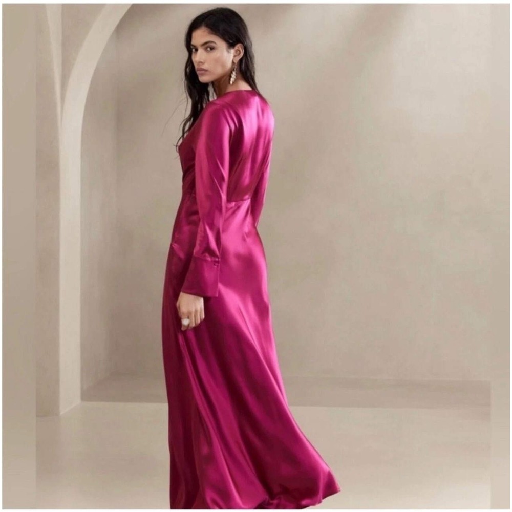 Banana Republic 100% Silk Maxi Dress Berry Pink Long Sleeve Wedding Guest NWT 12 - Picture 2 of 11
